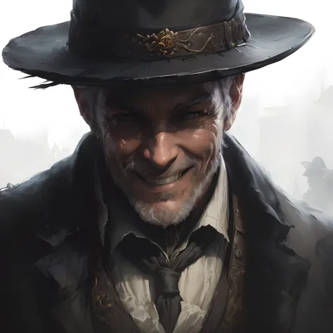 painting of a woman in a hat and a suit smiling, portrait of a bloodborne hunter, painted character portrait, fantasy art smug smile man, character with a hat, inspired by senior character artist, by Tadeusz Pruszkówski, senior concept artist, character ar...