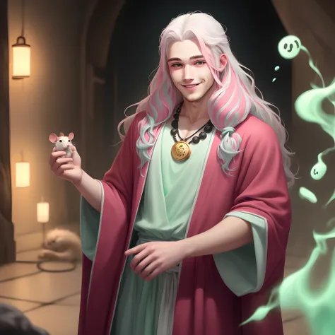 Young adult man with long white hair and pink tips wearing robes and a cult like necklace with a smiley face. His hands have a mint green aura and his left eye is glowing pitch black. He has a pet mouse. D&D