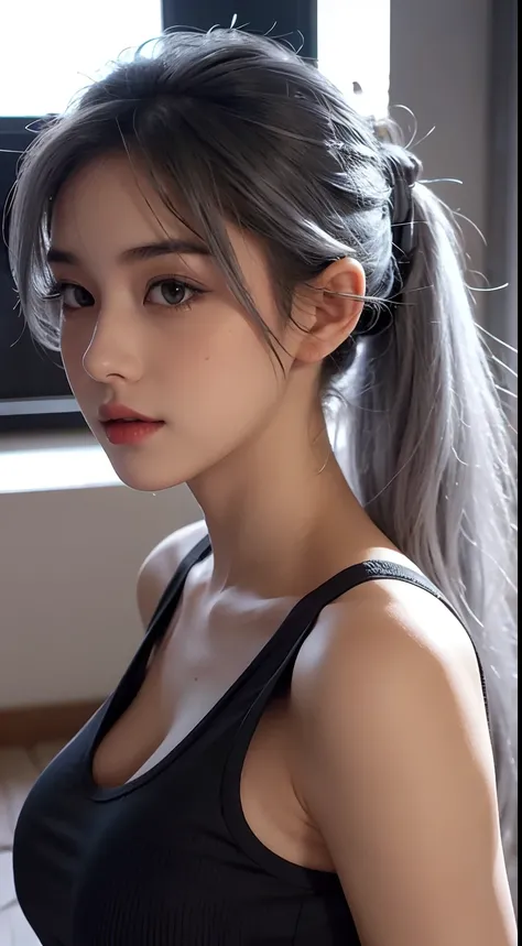 A sexy beautiful student girl,, big breasts, grey hair colours, hair tied up flower, long hair, black tank top, mini panties, ass