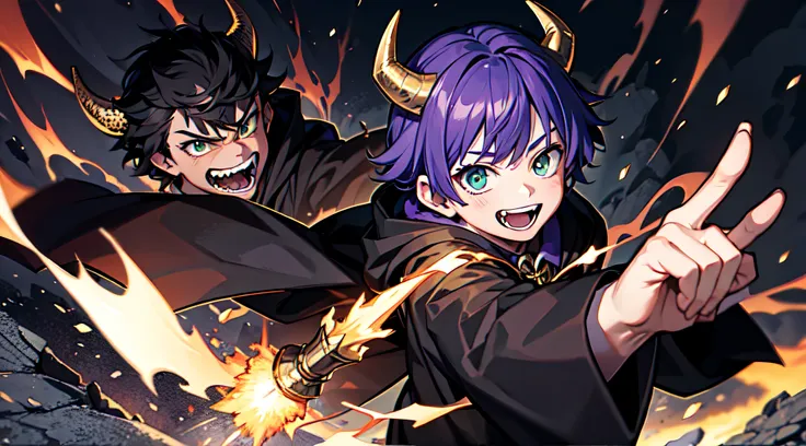 top-quality、​masterpiece、boy with short purple hair、green eyes、demonic horns、a smile、harry potter black robe costume、battle pose...