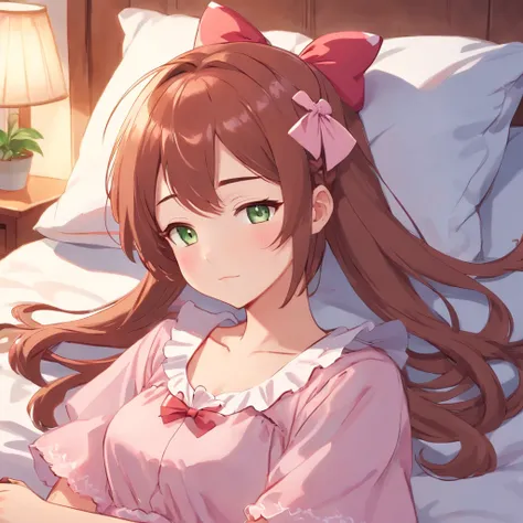 In the photo, an anime girl lying in bed. She has long reddish-brown hair, tied into two braids. She has big green eyes and small pink lips. She was wearing a light pink nightgown. On her head there is a red bow.

Here are some specifics about the photo::
...