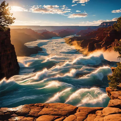 the early morning sun crept over the rim of the grand canyon, casting golden rays over the expansive natural wonder. from high a...