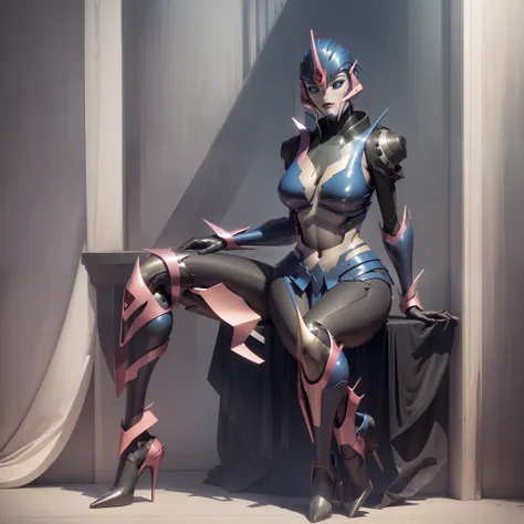 ,Arcee, solo,cleavage, ((whole body and legs in frame)), full body, soft lighting, nightclub, high heel pumps,big hips ,sitting,(detailed face) (detailed eyes) (detailed lips), dress,