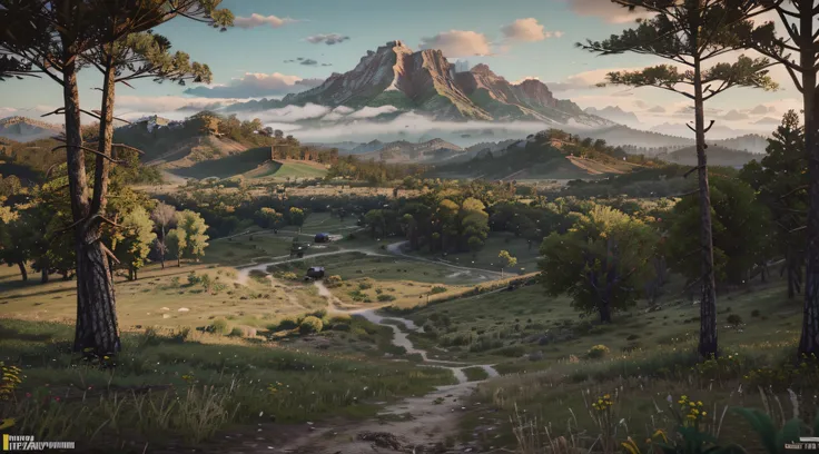 Crie uma imagem de plano de fundo exclusiva com o tema Red Dead Redemption 2. Alta qualidade, com paisagem relacionada a Nova Hanover (floresta, montanhas verdes, pastagens, caminhos de terra, rios, passaros voando, veados pastando).