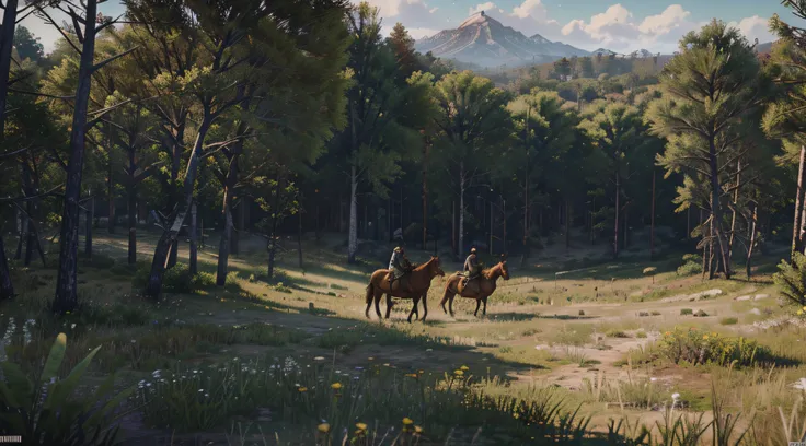 Crie uma imagem de plano de fundo exclusiva com o tema Red Dead Redemption 2. Alta qualidade, com paisagem relacionada a Nova Hanover (floresta, montanhas verdes, pastagens, caminhos de terra, rios, passaros voando, veados pastando).