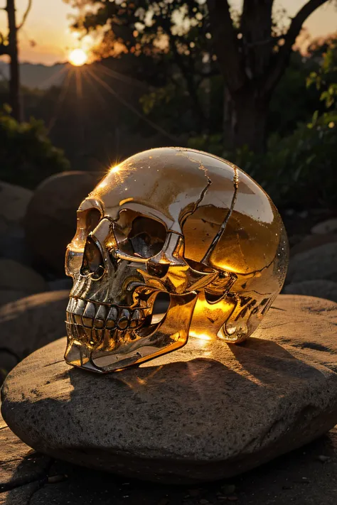 A crystal skull with multiple gasoline coloring on it, magnificent and detailed, placed on a rock, we see the sun setting through transparency inside the skull