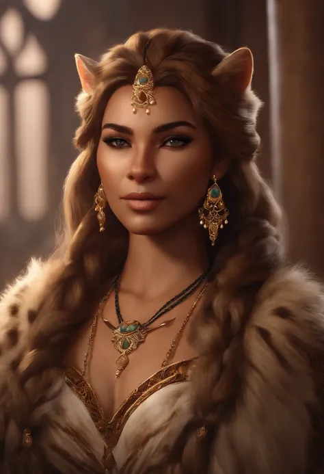 Detailed, stylized, semi-realistic, digital illustration, artstation, (((khajiit))), elder scrolls, tabaxi, (((cat))), (((furry))), ethereal, (((long hair))), (((braids))), wavy hair, curly hair, doe eyes, long lashes, (((fur))), (((leopard spots))), felin...