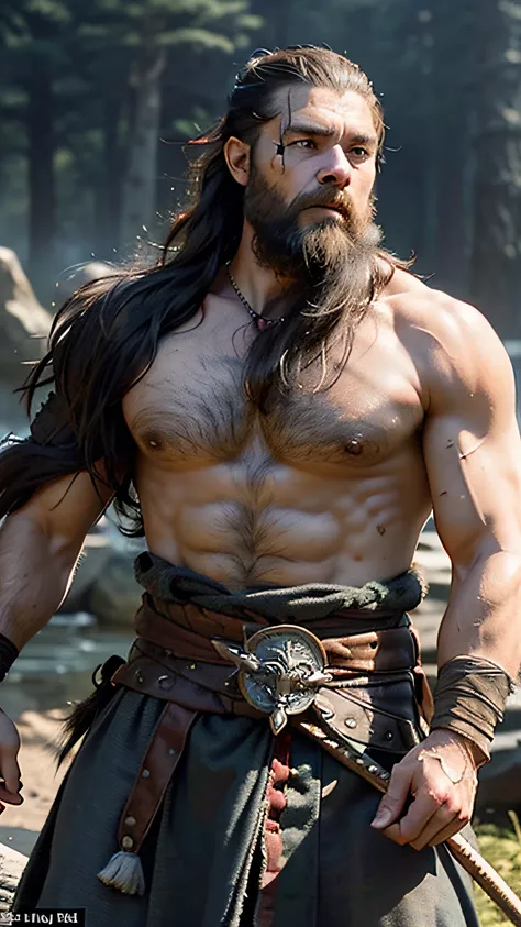 Large, sinewy build, Gruff beard, facial scar, Wild and unkempt appearance, Between 40-50 years of age, Wields a heavy two-handed weapon, influenced by characteristics from Germanic tribes, Nordic Vikings and Mongolian feudalism. Frank Frazetta, Game of Th...