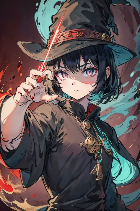 Delicate depiction、Top image quality、Sorcerer（Black costume）、Wizard Hat、holding a magic wand、Colorful effects、casting spells、１girl with、Strong shading、eyes glowing red、Darken the background、Serious face、Powerful eyes、Shoot magic with the hand in front of y...