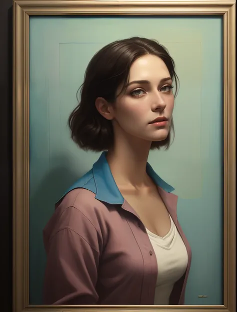 Eyeliner, big eyelashes, Pastel, beautiful, a woman stepping out of a picture frame, female person climbing out of canvas, normal clothes, half painted look, part painting, part reality, nestor canavarro hyper realistic, clothed, portrait, raphael hopper, ...