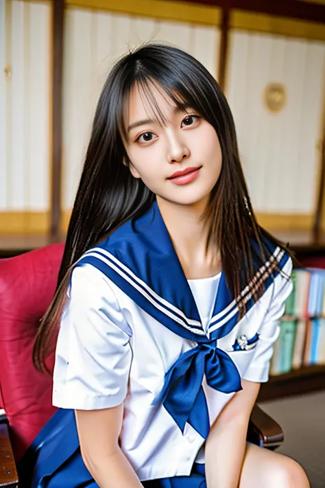 (((Draw only one woman: 2))), Beautiful 15-year-old Japanese woman, (High school girl in a short-sleeved white sailor suit: 1.5), (White sailor suit from a strict Japanese girls school: 1.5), (( High school girl sitting on a chair in the library reading: 1...