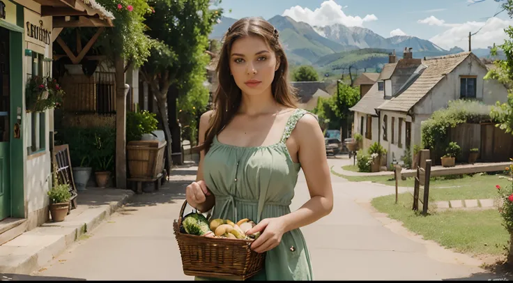 A realistic beautiful woman with green eyes and full lips with a basket in her hands of round buns with a background image of a country town with mountain