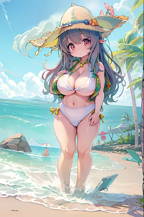 Anime girl with big on the beach in cat hat, small curvy loli, in beach, in beach, oppai, Chic, in beach, beaching, standing near the beach, at seaside, [ 4 k digital art ]!!, at sea, pixiv 3dcg, standing at the beach, SFW version、Chibi、bbw、Ultramammy、huge...