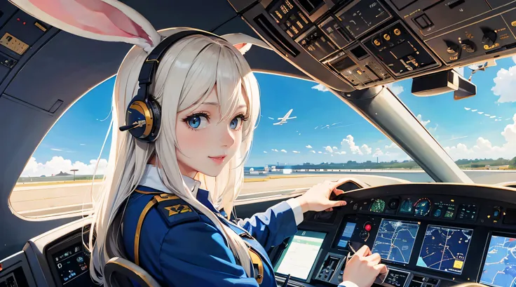 On a sunny day,Cute Captain Bunny in a flight uniform,Fly an airplane in the cockpit of a Boeing B787