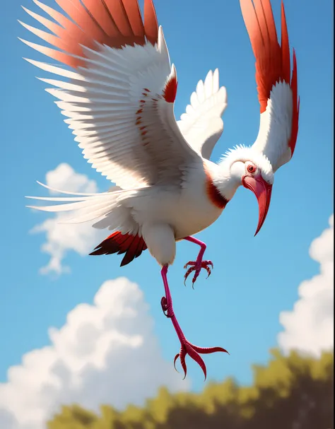 A crested ibis flying in the blue sky