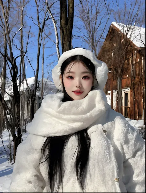 woman in white coat and hat standing in the snow, ulzzang, pale snow white skin, jennie blackpink, heavy winter aesthetics, frio...