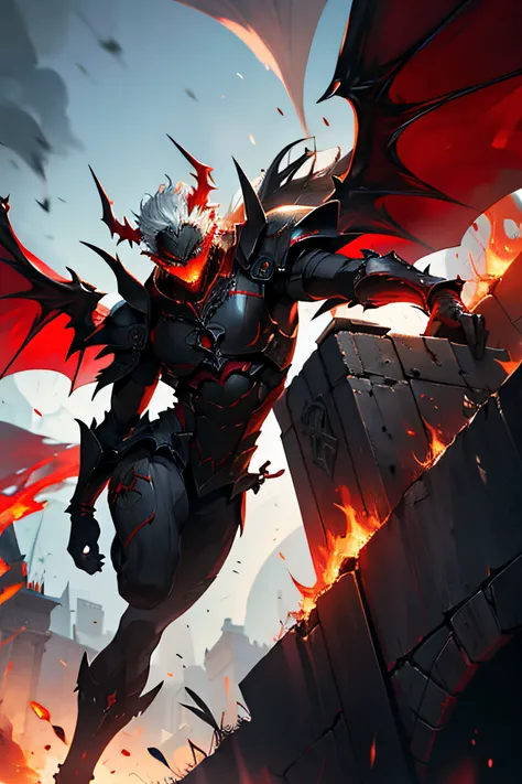 Big red devil lucifer with four wings flying in grey armor , full bodie armore, fire, rage, red colours, dark, creepy, flames in the bacground