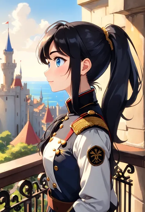 ((work of art)),
((masterpiece)),
((hyper detailed)),
(1girl: 1.5),
(anime girl: 1.5),
slender,
graceful,
light smile,
happy;
(detailed face: 1.5)
(silky black hair: 1.5),
(high ponytail hair: 1.2),
(sapphire blue eyes: 1.4);
(wearing black and white milit...