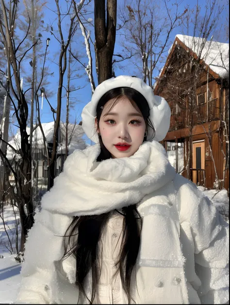 woman in white coat and hat standing in the snow, ulzzang, pale snow white skin, jennie blackpink, heavy winter aesthetics, frio...