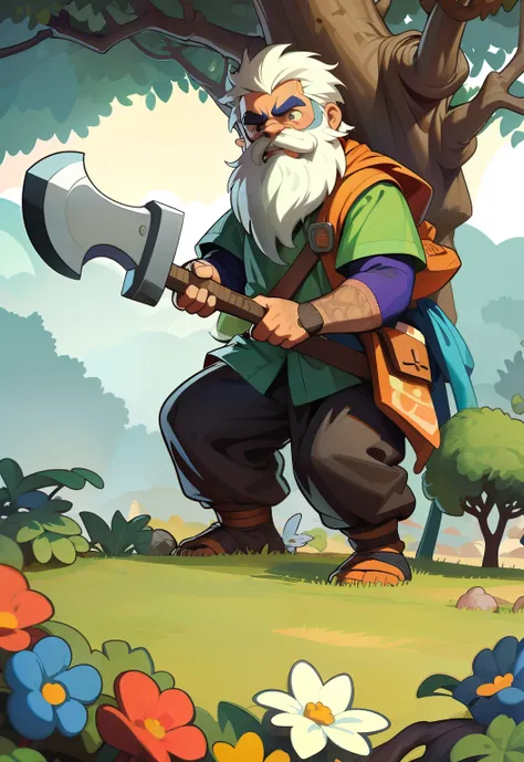 adesivo, fundo simples, guerreiro com machado, A bearded man cutting down a tree with an axe, caminhando pela floresta cuidadosamente, Olhando para os lados, Childrens Stories Illustration, conto de fadas, cores vibrantes, cartoon illustration, melhor qual...