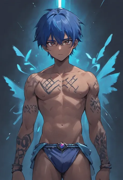 1man, hero, visual novel framing, anime, darker skin, big studded blue magic necklace, heavy black paintbrush strokes, white background, tribal style clothing, fit, shirtless, high quality, tribal tattoo right arm, no wings