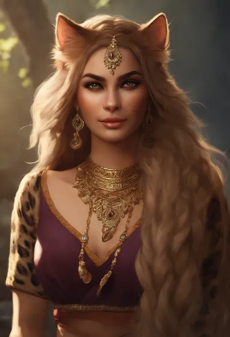 Detailed, stylized, semi-realistic, digital illustration, artstation, (((khajiit))), elder scrolls, tabaxi, (((cat))), (((furry))), furry art, ethereal, (((long hair))), (((braids))), wavy hair, curly hair, doe eyes, long lashes, (((fur))), (((leopard spot...