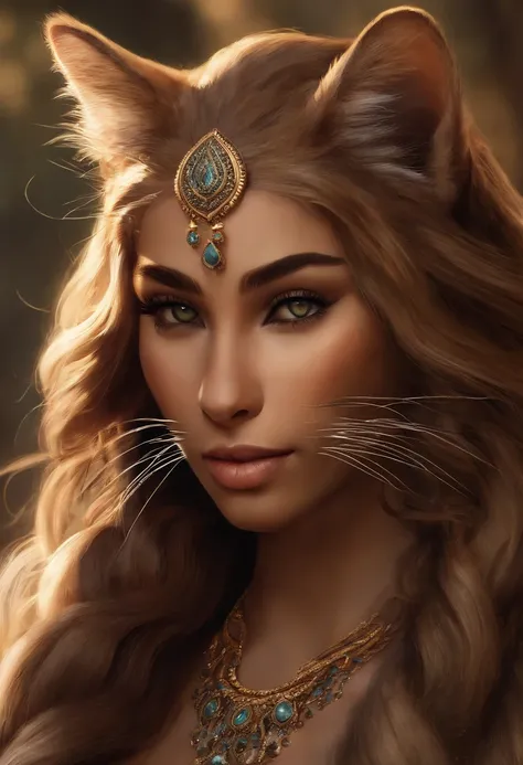 Detailed, stylized, semi-realistic, digital illustration, artstation, (((khajiit))), elder scrolls, tabaxi, (((cat))), (((furry))), furry art, ethereal, (((long hair))), (((braids))), wavy hair, curly hair, doe eyes, long lashes, (((fur))), (((leopard spot...