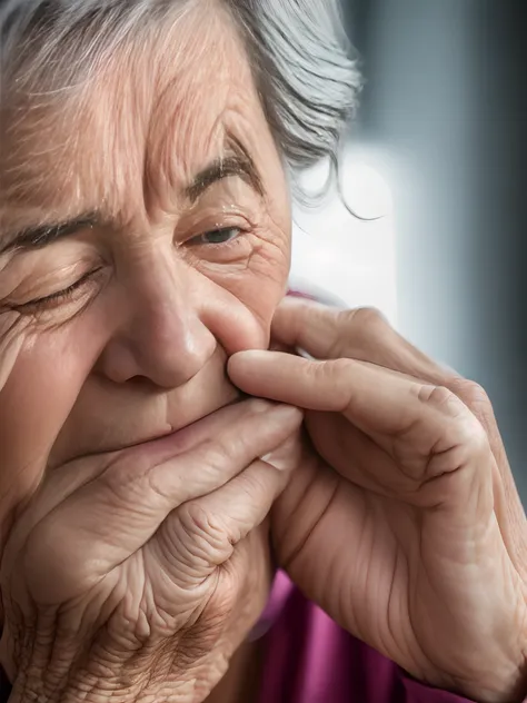 sad elderly woman showing pain in her body,  8k, uhd, severe low lighting, alta qualidade, foco nitido, fujifilm XT3 --auto --s2