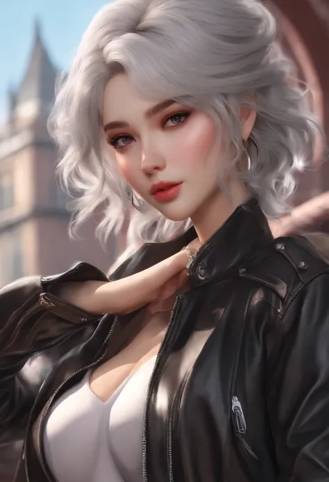 (((Masterpiece))), top quality, super detailed, blush, cute and playful, huge, leather jacket, silver hair, fluffy hairstyle, elastic breasts, heart-blowing eyes, sweet look, belly button, dynamic and cute pose.