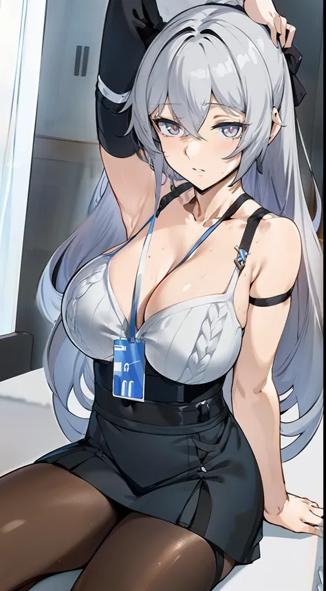 2D, HD, Detailed details, top-quality, ultra-detailed, Highly detailed, masterpiece, best quality, high res, solo, 1girl, bronya-OL2, solo, thighband pantyhose, id card, full body, high heels, high-waist skirt, ribbed sweater, office, indoors, depth of fie...