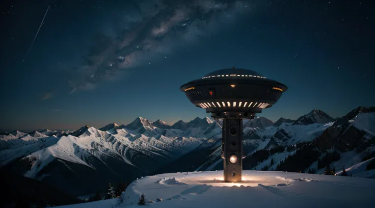 Create an image of a UFO in the night sky near the mountains