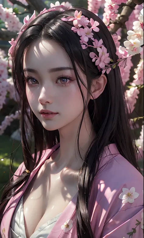 masterpiece, (pink kimono), seductive face, good lighting, cleavage, fine detail, masterpiece, glowing eyes, 1girl, black hair, sucking, nezuko kamado, wisteria background, masterpiece, best quality, pov,, ultra sharp, ultra realistic detailed, ray tracing...