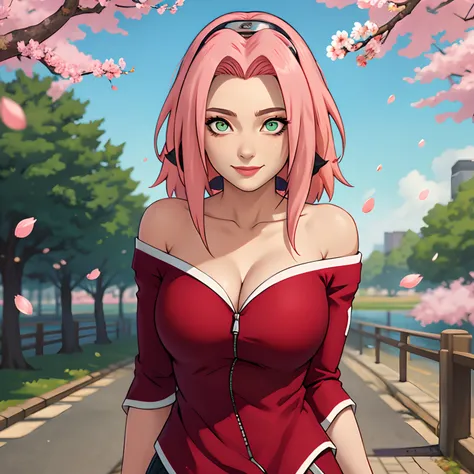 tmasterpiece， Best quality at best， 1girll， Sakura Haruno， Large breasts，Off-the-shoulder attire，（cleavage)，（upperbody closeup)，Raised sexy，is shy，ssmile，with pink hair， long whitr hair， （Green eyeballs:1.4)， Forehead protection， the cherry trees，Cherry bl...