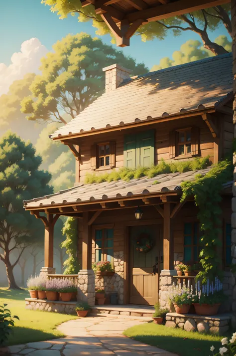 Disney Pixar drawing of a stone house with porch scenery, floresta, campo verdeante, bem, heaven, nuvens