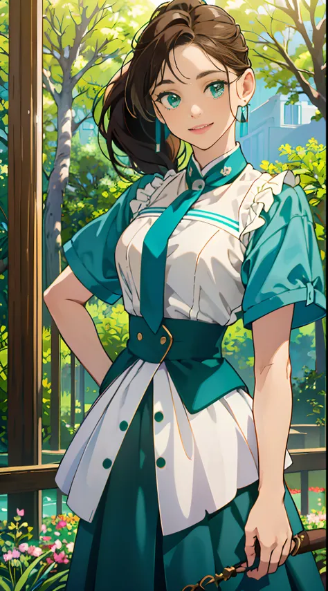 1womanl,12year old,Brown hair,Beautiful ponytail hairstyle, (Teal High Waist Skirt:1.3),, (whiteshirt:1.3), (double-breasted,Underbust:1.2), Short sleeves, buttonGap,Natural smile,small tits,a park