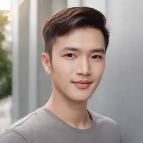 (photo: 1.3) af (realistic: 1.3), East Asian man, soft light, clear face, cheerful, warm light, ((gray-white gradient background)), (background)). ((gray wall background)) avatar, (short hair), handsome, young,, short hair, ((close-up))