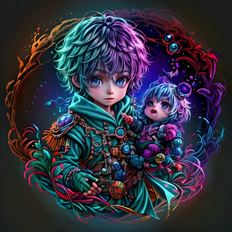 Irridescent color、Colorful pop mascot characters，Round and cute space robot, Farbe々ornamented、Colorful backgrounds，Fantasy，intricate-detail {brightened，K HD，32k constellations