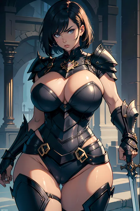 Best quality, solo mature woman, enormous breasts, giant ass, very curvy, tanned skin, very short hair, black eyes, full lips, seductive, black royal knight armor, breast plate, gauntlets, stoic, great sword, curvy physique, thick thighs, serious expressio...