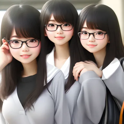 Cute Asian girl with black hair in glasses with medium breast in school unform and left hand on face and right hand on cest full hd