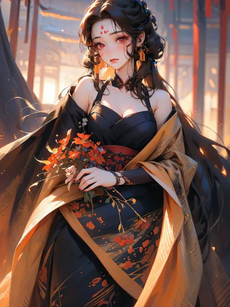 (masterpiece), best quality, beautiful detailed hair ，detailed face, 1 girl, solo, cowboy shot, perfect feminine face, very stunning woman, traditional hanfu, chesnut brown hair, short hair,twintails,red eyes,simple eyelashes,blushing,mole under mouth,off ...