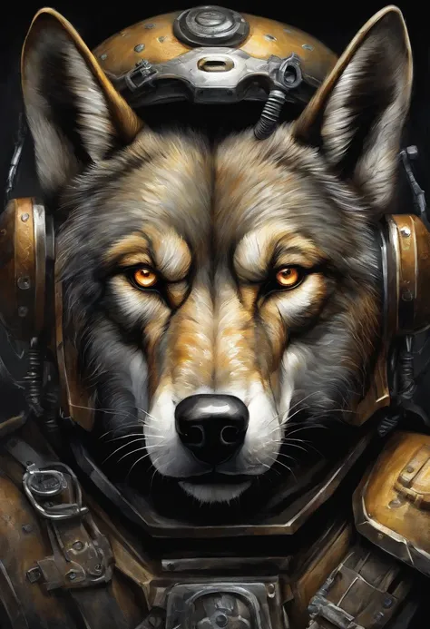 Maximum quality, dramatic lighting, threatening pose, fierce expression, Epic atmosphere, (((Helmet in the shape of a wolfs head))), (((Prise de vue du corps entier))),A metal wolf, Cyborg, Style cyberpunk, rouage, ((Intricate details)), Hdr, ((Intricate d...