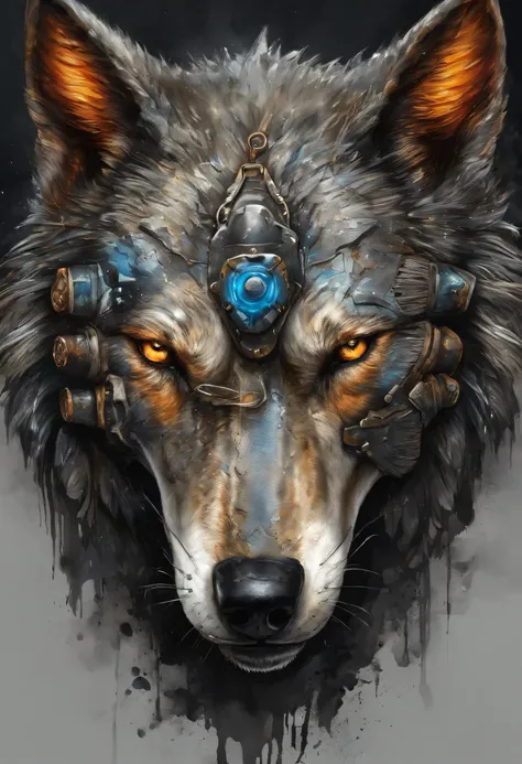 Maximum quality, dramatic lighting, threatening pose, fierce expression, Epic atmosphere, (((Helmet in the shape of a wolfs head))), (((Prise de vue du corps entier))),A metal wolf, Cyborg, Style cyberpunk, rouage, ((Intricate details)), Hdr, ((Intricate d...