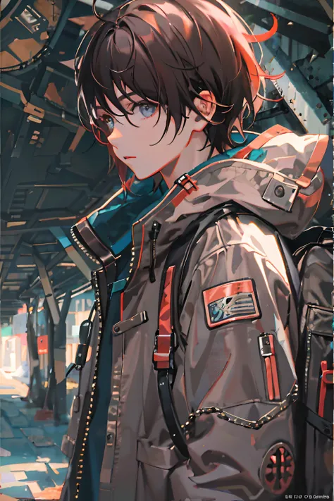 1boy,jacket,sunny day,outdoor,parka,open jacket,chain,backpack,looking at something else,messy hair,trending on ArtStation,8K resolution,extremely detailed and anatomically correct,sharp image,digital painting,concept art,trending on pixiv,style in the vei...