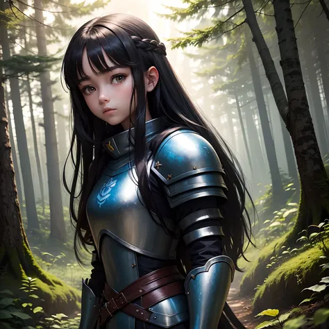 The background is the forest, a girl name is min, 18 years old, black eyes, long hair, wearing blue armor, Yellow light hidden behind