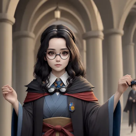 Uma bruxa, cabelo curto e negro, olhos azuis, japonesa, wearing goggles, hogwarts, ravenclaw