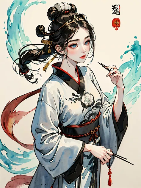 (((samurai hairstyle,)))(((((((Chinese ink painting，watercolor paiting，ancient chinese costume,Has the temperament of a queen))))))),(((watery pupils,blush stickers,v shaped eyebrows,cyan Mix white pick dye，fur cuffs,fingers from mouth,)))((1lady,amazing,m...