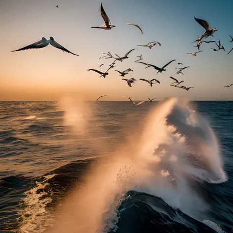 Flocks of seagulls flying across the ocean at sunset, shutter inventory, chaotic sea setting, flying over the ocean, best on adobe stock, birds flying in the sunlight, istock, soaring waves, wild ocean background, seagulls, bird flying out of water, Beauti...