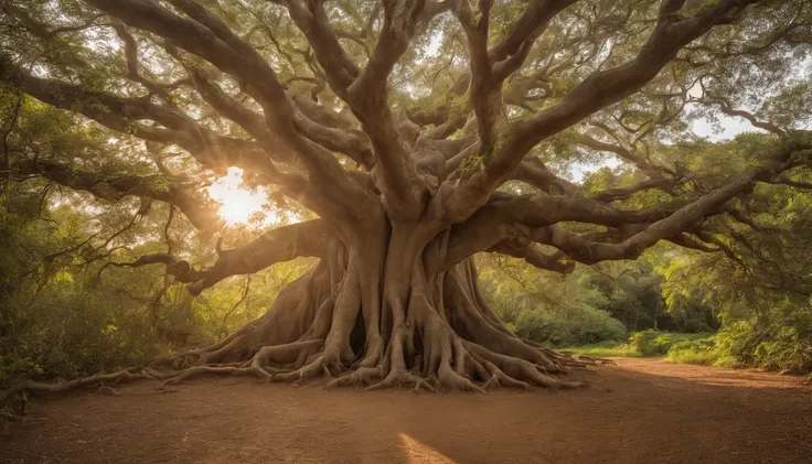 in a small village surrounded by lush greenery, There was a magnificent banyan tree. This tree, with its sprawling branches and intertwined roots, nevoeiro, Enevoado, vento, ventoso, Sunset backlight, Centrado, no quadro, Tiroteio de cowboy, nenhum humano,...