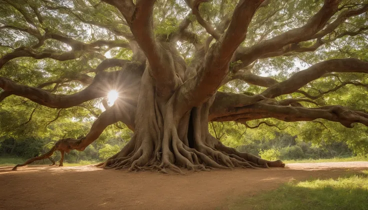 in a small village surrounded by lush greenery, There was a magnificent banyan tree. This tree, with its sprawling branches and intertwined roots, nevoeiro, Enevoado, vento, ventoso, Sunset backlight, Centrado, no quadro, Tiroteio de cowboy, nenhum humano,...