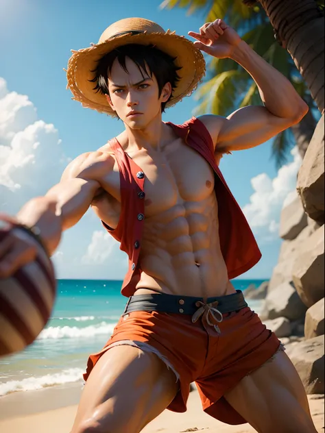 A man cosplay one piece monkey d. luffy live in action, high - resolution, photography realistic style, real live, 8k